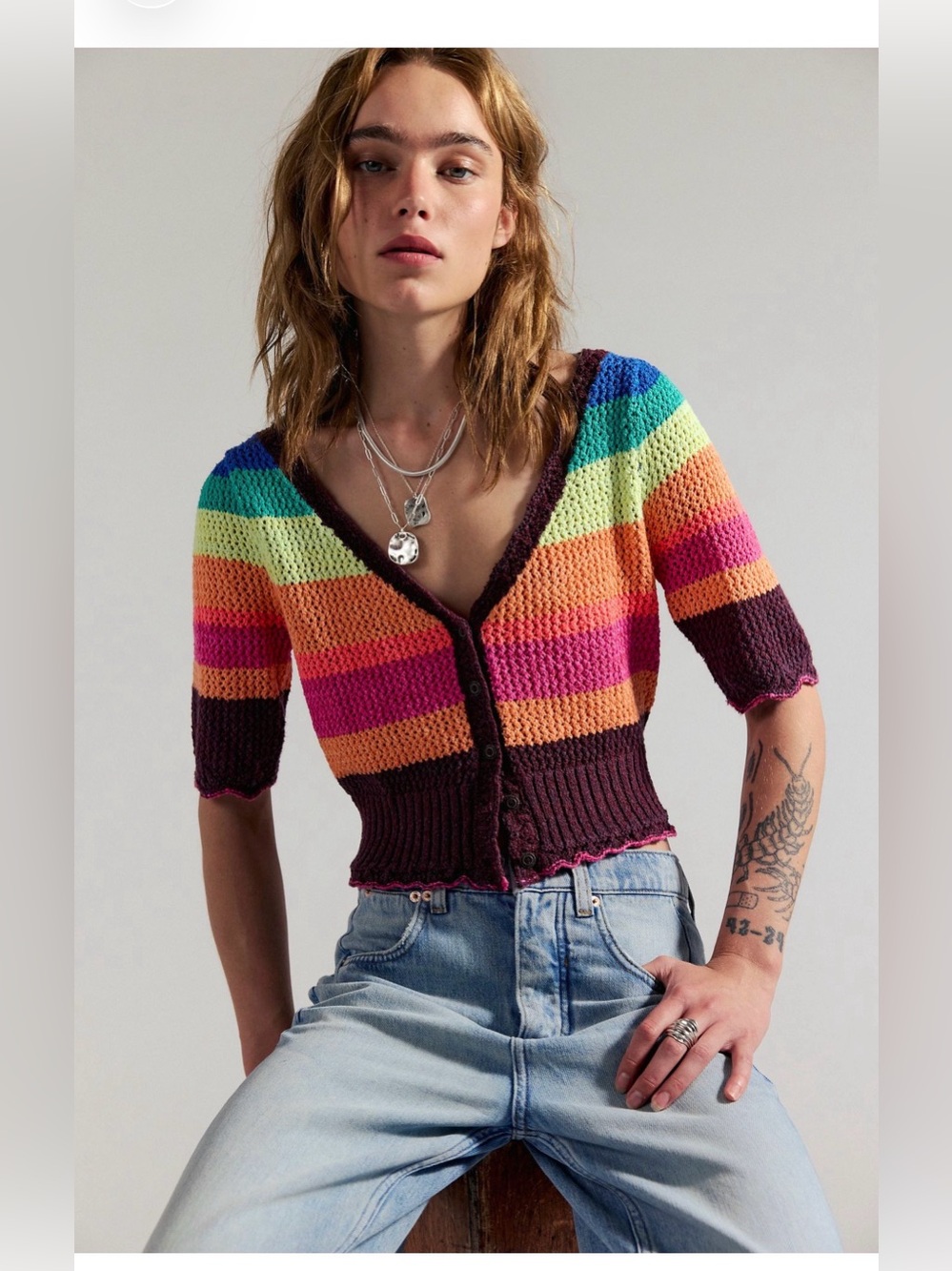 NWOT Free People Tyler Striped Short Sleeve Cardigan Sweater Multicolor Size L